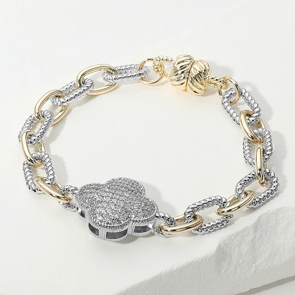 14K Gold Plated CZ Stone Paved Quatrefoil Charm Accent Chain Magnetic Bracelet